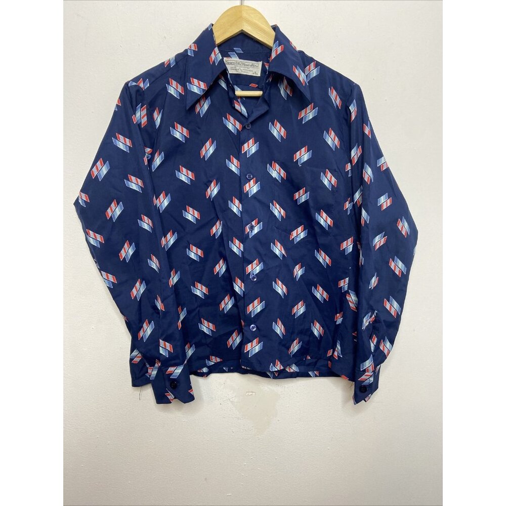 Vintage 70s Sears Disco Hipster Men S Polyester Shirt Blue